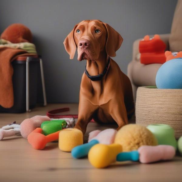 Hungarian Vizsla with Toys and Supplies