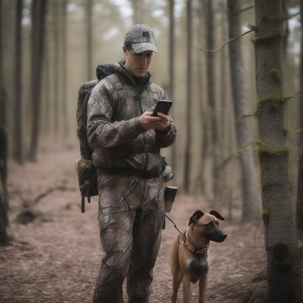 Hunter using handheld device with tracking dog collar