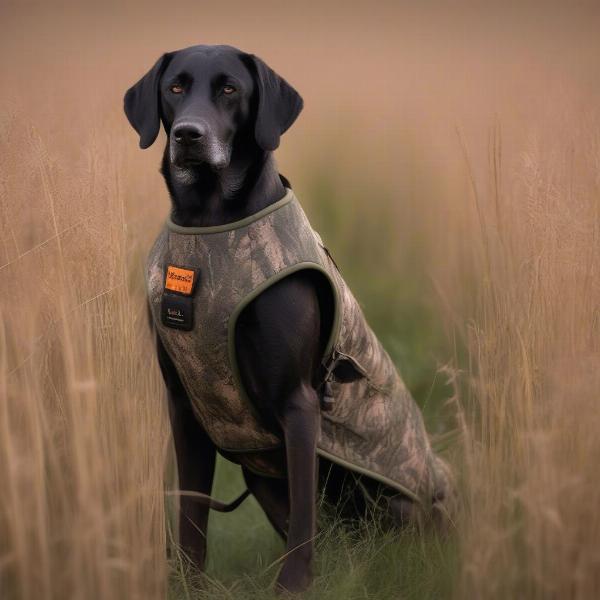 Hunting dog wearing a neoprene vest in the field