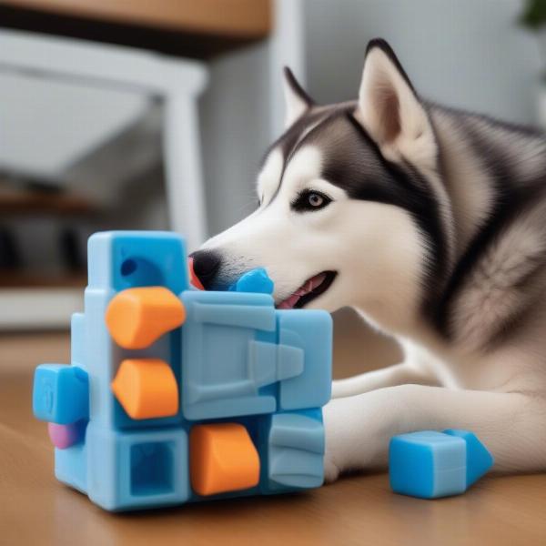 Husky Playing with Interactive Puzzle Toy