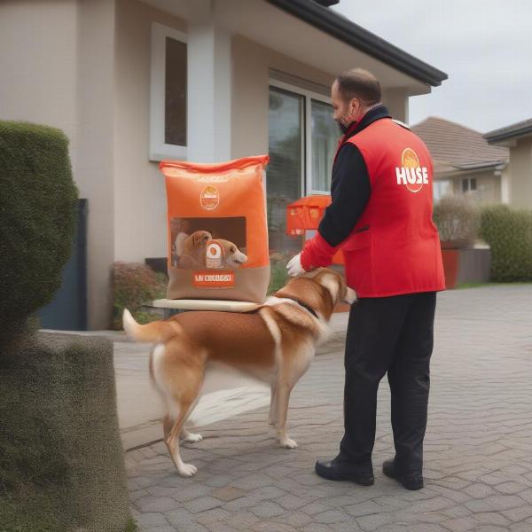 Husse Dog Food Delivery: A photo of a Husse delivery driver delivering bags of dog food to a customer's doorstep.