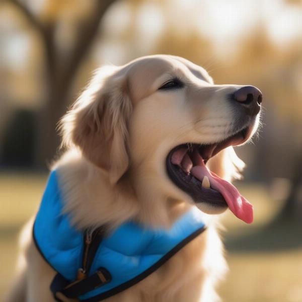 Dog wearing a blue ice vest, panting happily in the summer heat