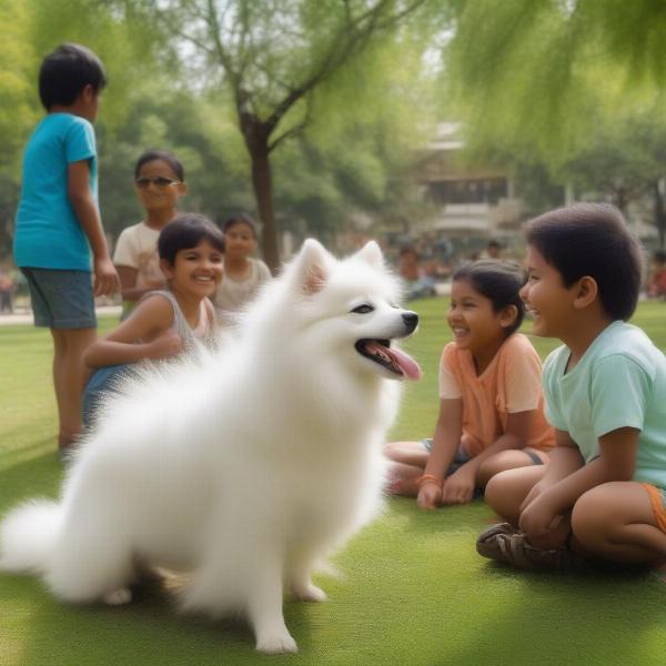 Indian Spitz playing with children