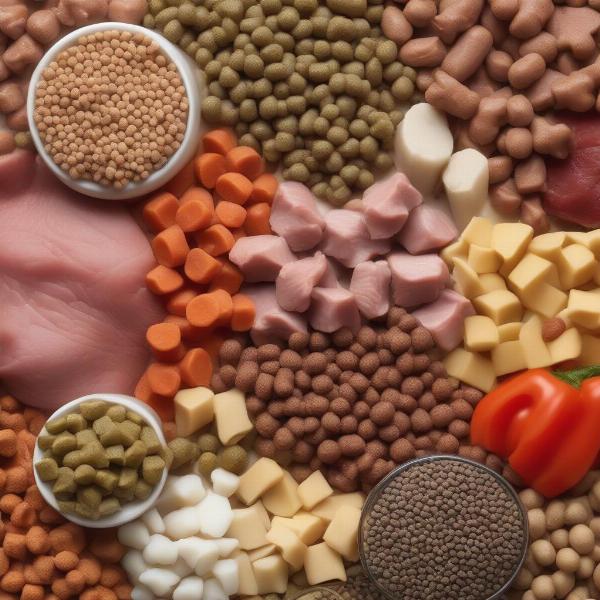 Close-up of various dog food ingredients.