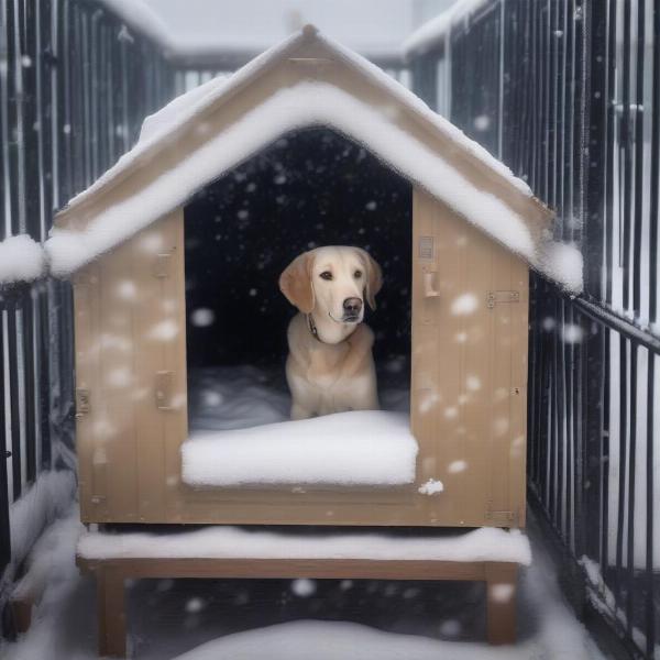 Dog in a kennel with an insulated cover during winter