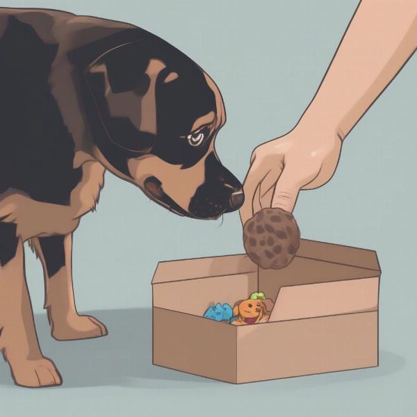 Owner showing their dog how to play with a dog in a box toy using positive reinforcement.