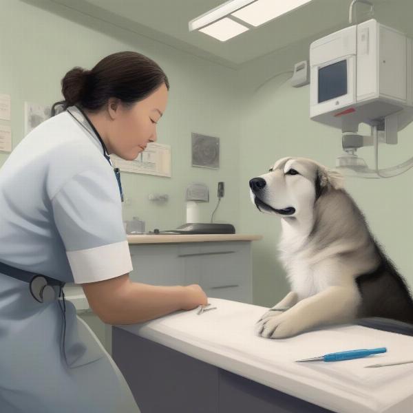 Inuit dog at vet checkup