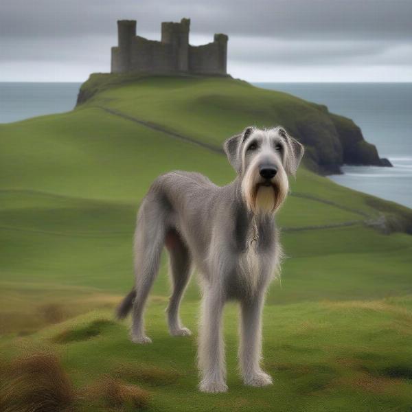 An Irish Wolfhound in a Gaelic landscape