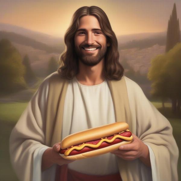 Jesus holding a hot dog