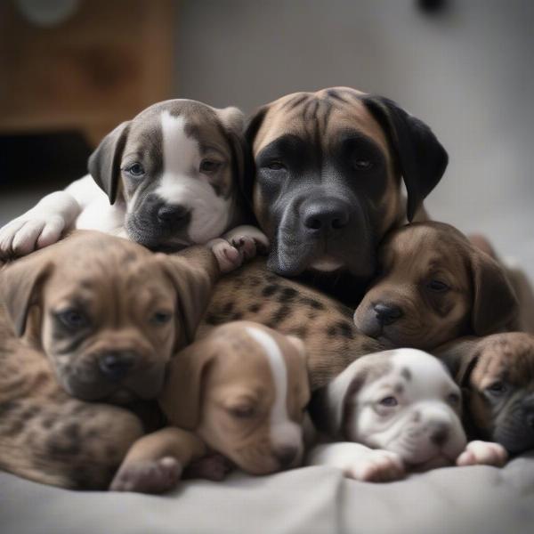 Jug dog puppies cuddling with their mother