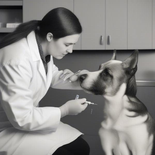 Kenalog injection being administered to a dog by a veterinarian