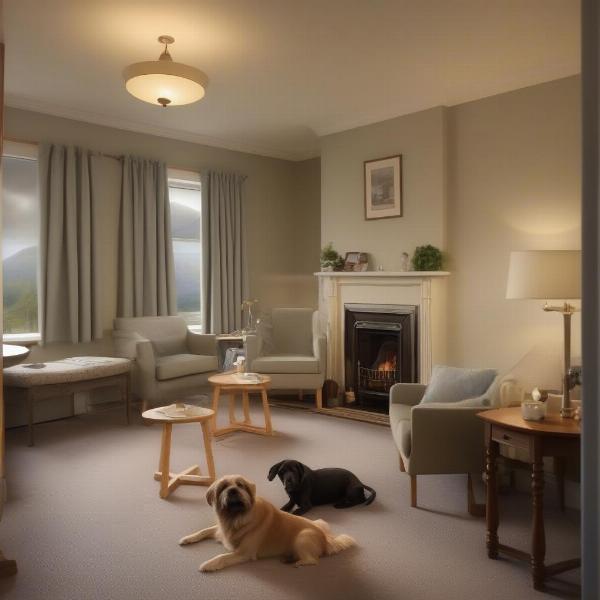 Dog-friendly hotel room in Keswick with a comfortable dog bed and water bowl.