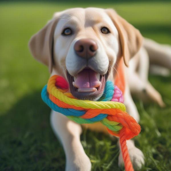 A Labrador Retriever enthusiastically playing with a durable chew toy