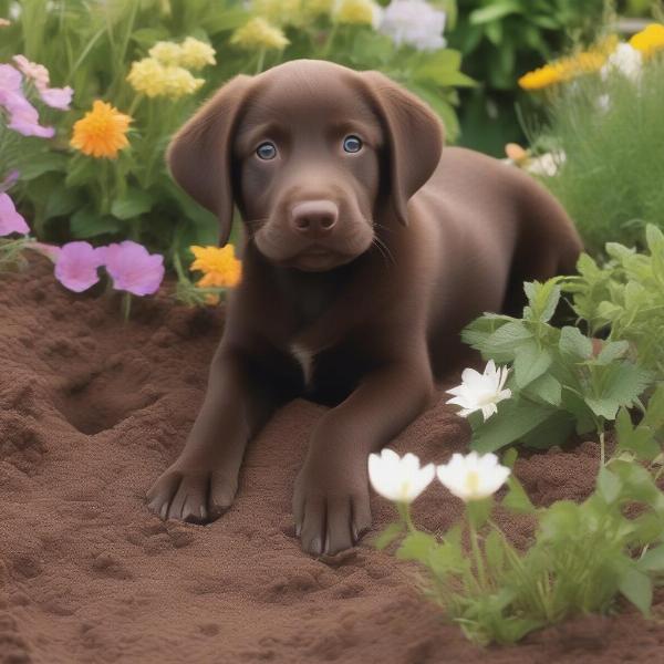 Labrador puppy digging in the garden