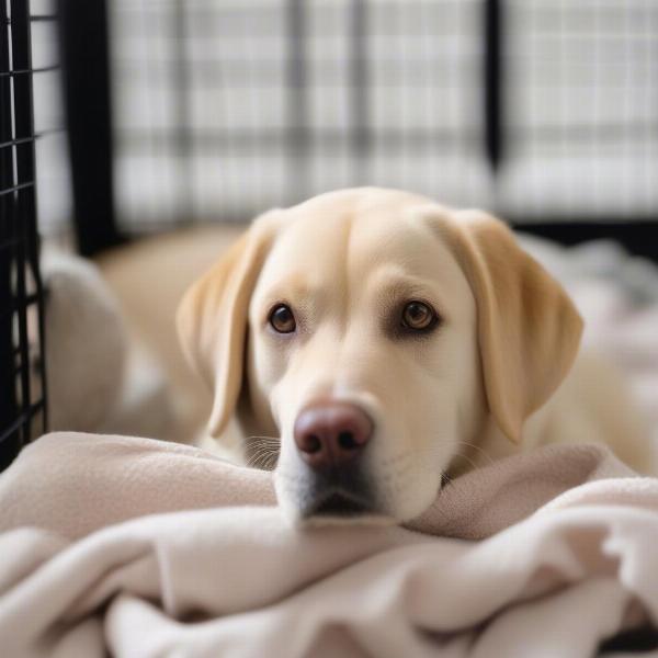 Labrador with toys in crate