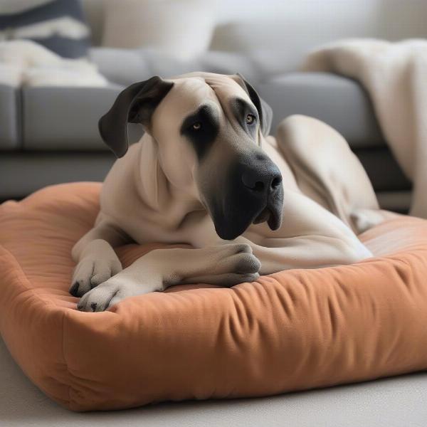 Large dog cuddling with a large plush toy