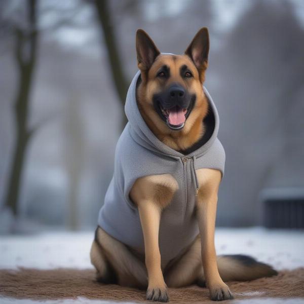 Large dog wearing a hoodie in the winter