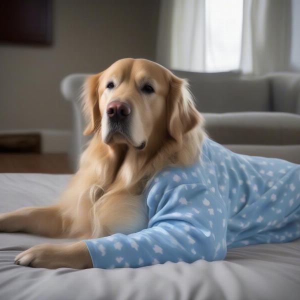 Large dog wearing calming pajamas