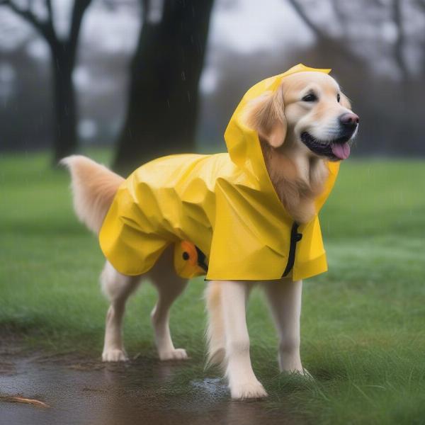 Large dog wearing a yellow raincoat in a park