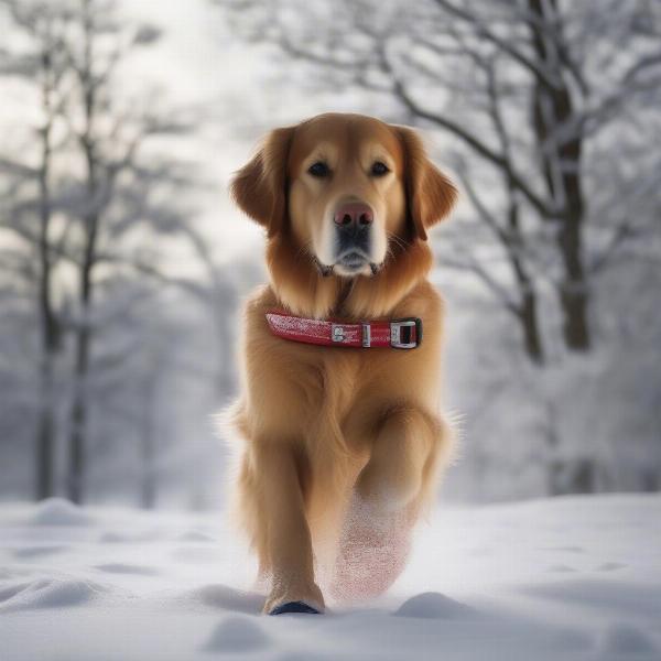 Large dog wearing boots in the winter