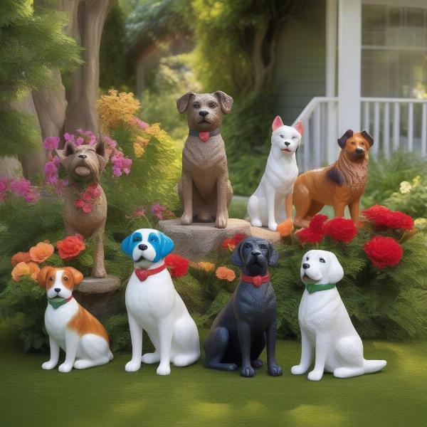 Large Fiberglass Dog Ornaments in a Garden Setting