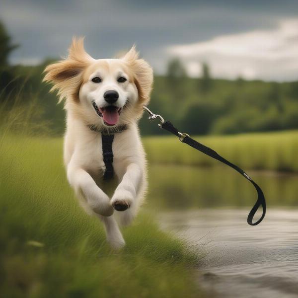 Dog enjoying a walk in a field with river views in Launceston