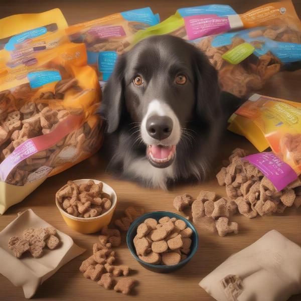 Various types of lickable dog treats, including pastes, gels, and spreads, are displayed on a table.