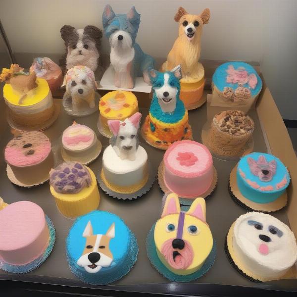 Dog birthday cakes displayed in a local bakery.