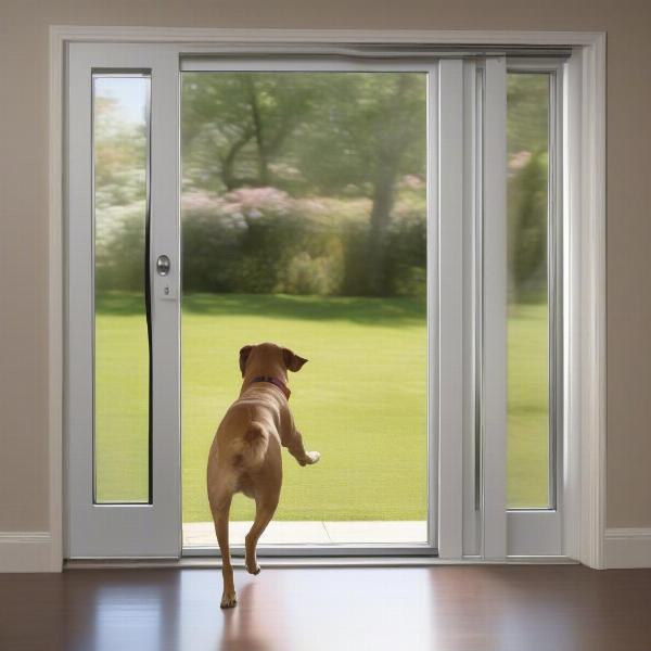 Dog enjoying the freedom of a lockable dog door installed in a sliding glass door.