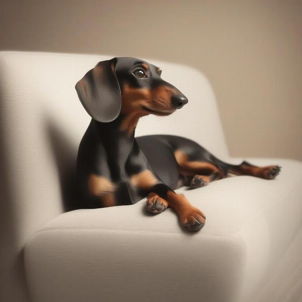 A long-bodied dachshund relaxing on a sofa