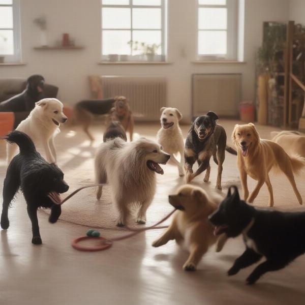 Dogs playing together at doggie daycare