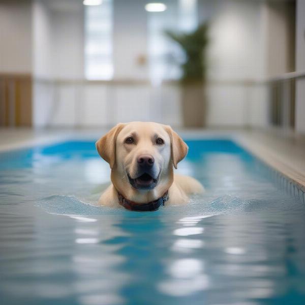 Dog enjoying the swimming pool at a luxury dog boarding facility in Richmond Hill, GA