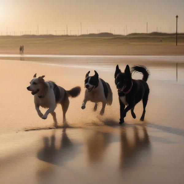 Dogs enjoying Mablethorpe's sandy beaches and scenic coastal paths with their owners.