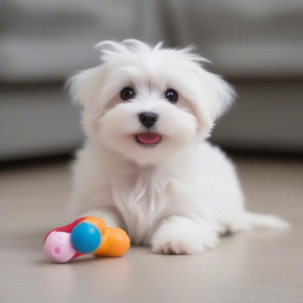 Maltese dog playing with a toy