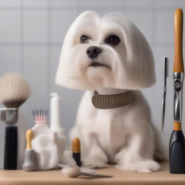 A Maltese dog surrounded by grooming tools