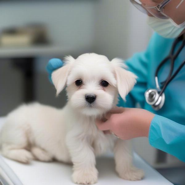 Maltese puppy undergoing a health check