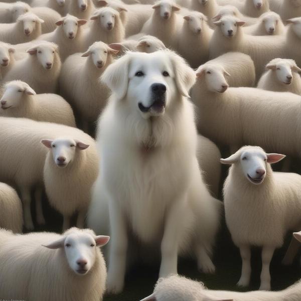 Maremma Sheepdog guarding flock of sheep