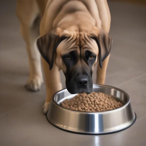 A Mastiff eating from a bowl