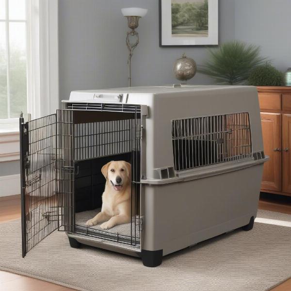 A sturdy metal dog crate with a fan attached, providing optimal ventilation and cooling for a dog.