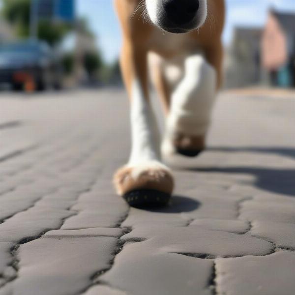 Dog wearing Mikki boots on a hot pavement