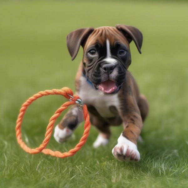 Mini Boxer dog playing with a toy