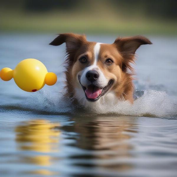 A mixed-breed dog enjoying a swim in the lake.