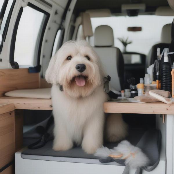 Mobile dog groomer working inside their customized van