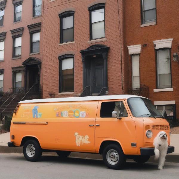 Mobile dog grooming van parked in front of a Philadelphia house