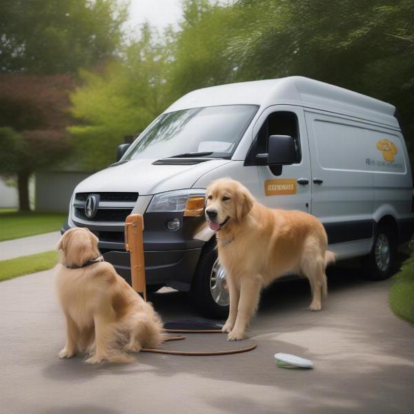 Mobile Dog Wash in Derby: A groomer bathing a dog inside a mobile grooming van.