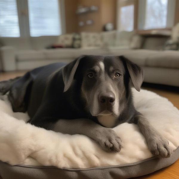 A newly adopted dog settles into its new home, curled up on a dog bed.