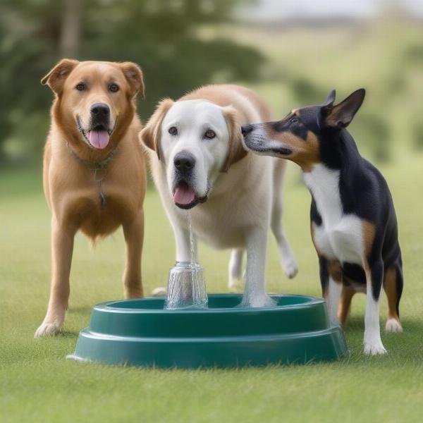 Multiple dogs drinking from a large capacity waterer