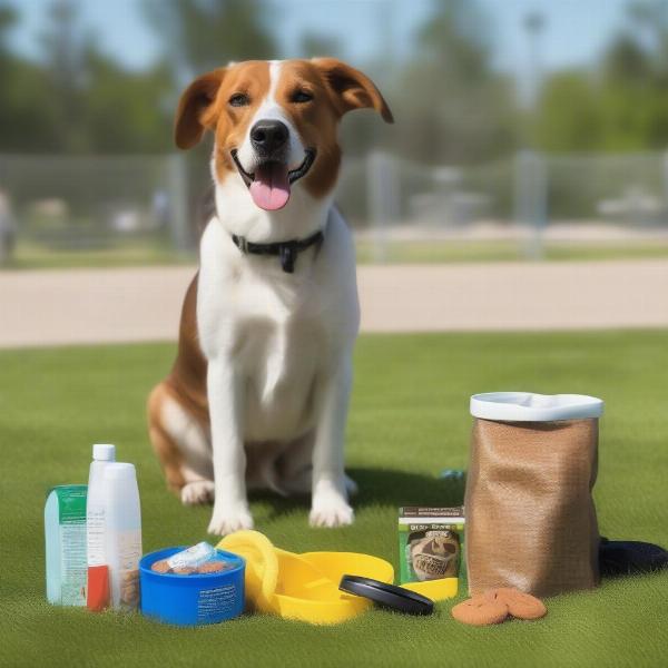 Dog park essentials: water bowl, leash, poop bags, and treats.