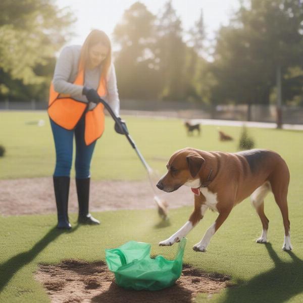 Dog owner cleaning up after their dog at a Naperville dog park.