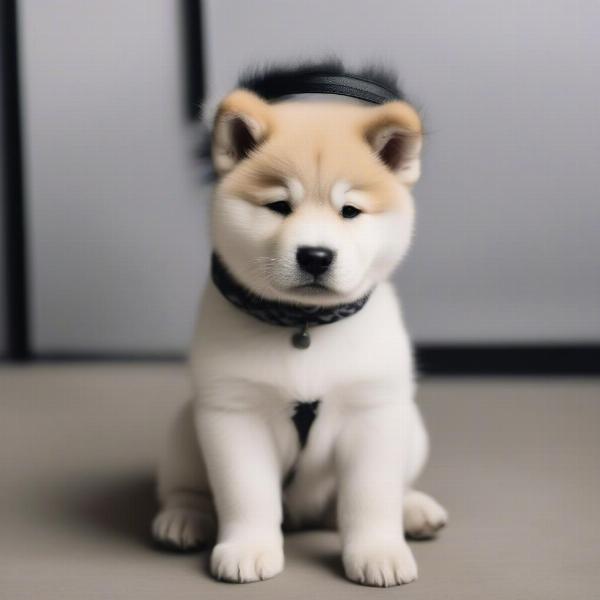 Akita puppy wearing a headband like Naruto